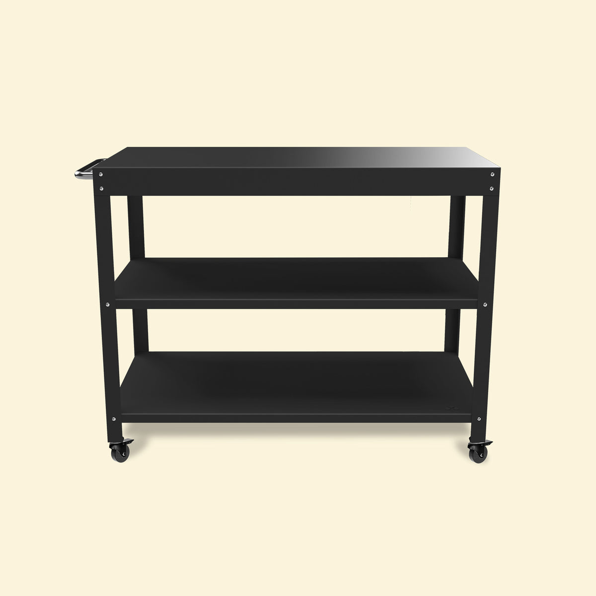 Desserte de plancha électrique en métal noir avec trois niveaux de rangement et roulettes, présentée de face sur fond uni clair.