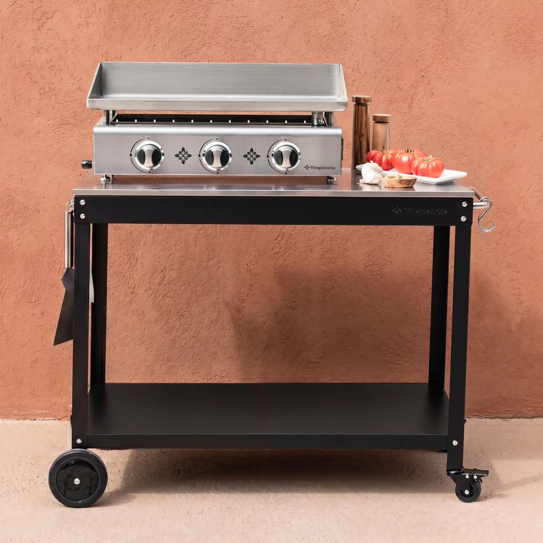 Plancha gaz Pimientos 3 feux Vivaplancha sur chariot sans portes, tomates et ail.
::visuel:sansportes