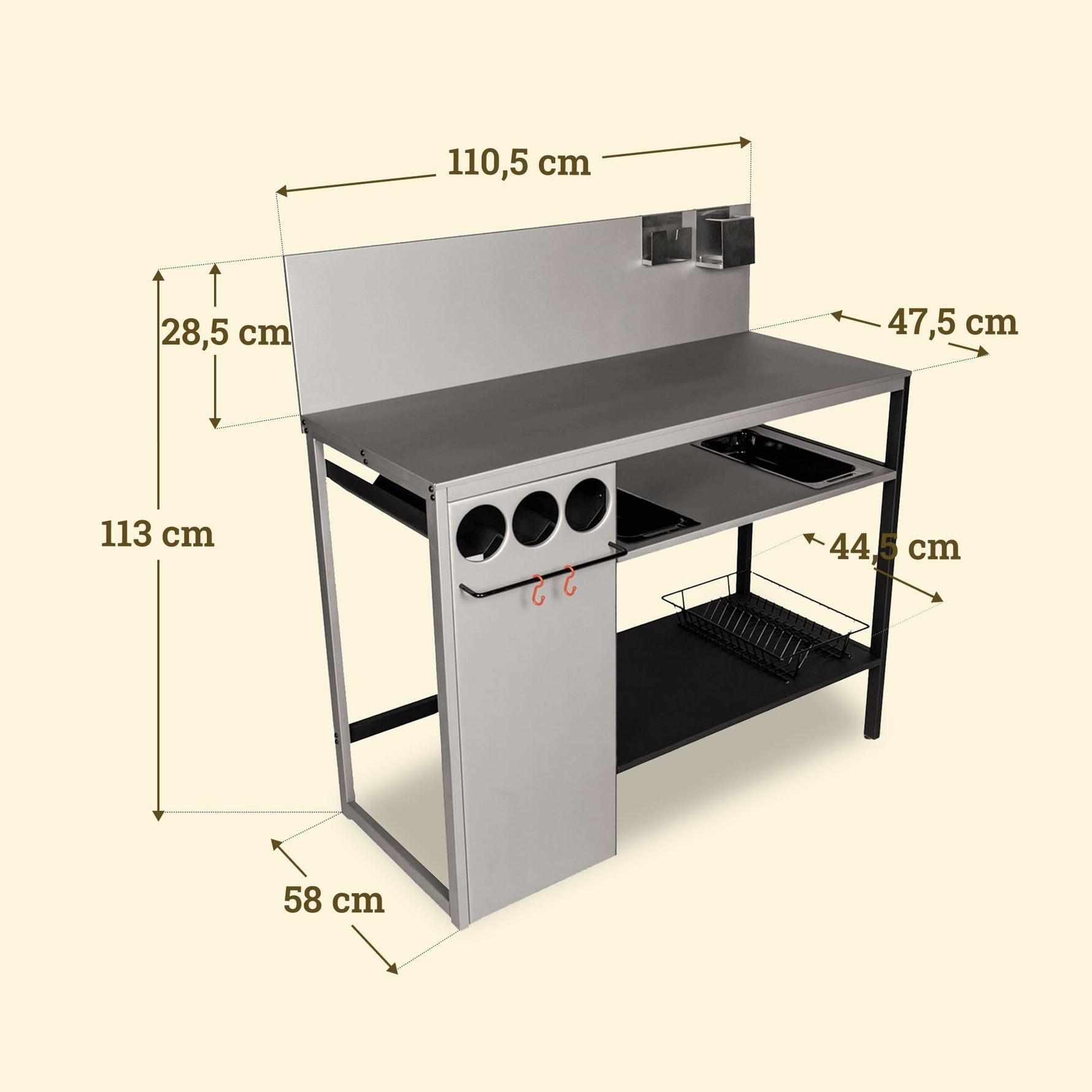 Cuisine d’été Vivaplancha en acier inoxydable avec crédence de 110,5 cm, hauteur totale 113 cm et profondeur 58 cm, équipée de rangements et porte-accessoires.