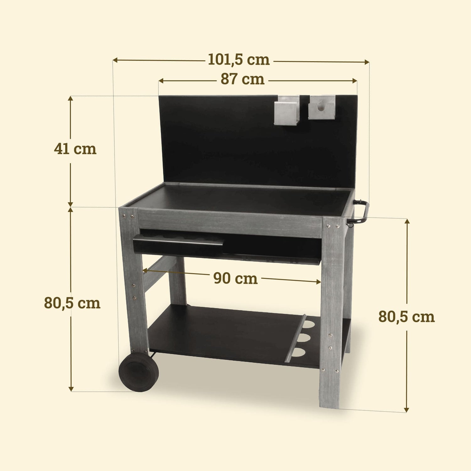 Desserte Vivaplancha en bois avec crédence de 101,5 cm, plateau de 90 cm et hauteur 80,5 cm, équipée d’emplacements pour accessoires.