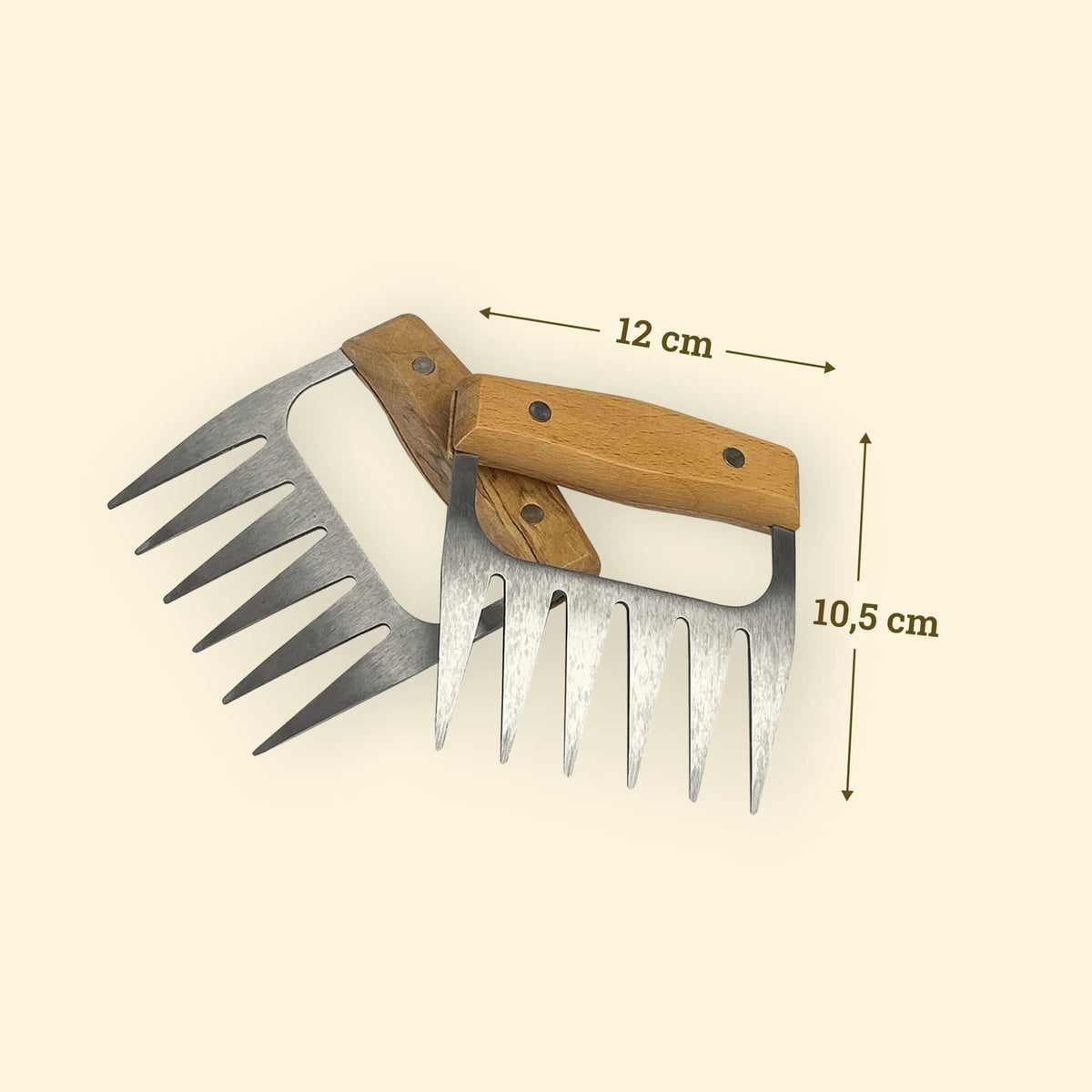 Paire de griffes à viande en inox avec poignées en bois, dimensions 12 cm x 10,5 cm.