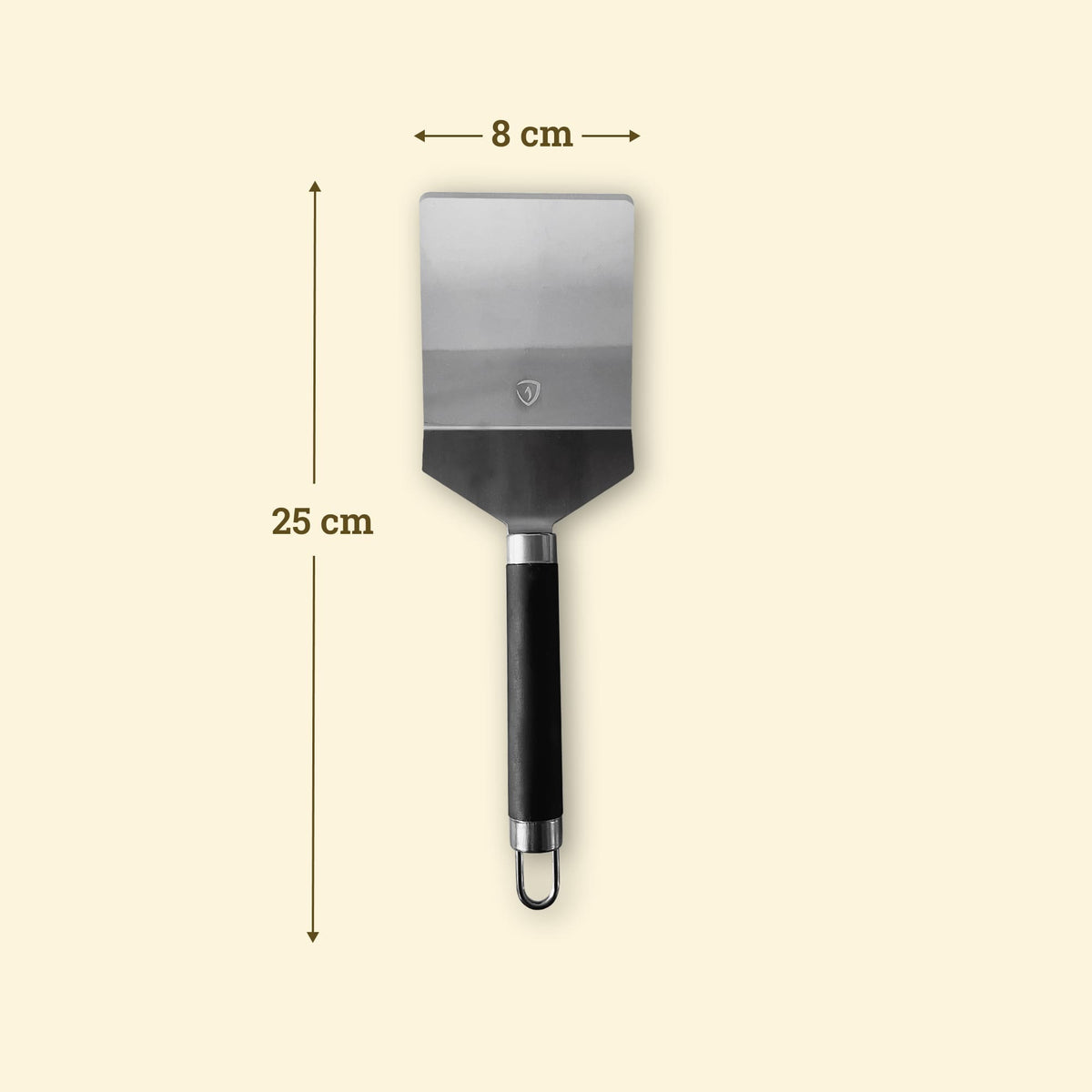 Spatule classique en inox de 25 cm avec lame rectangulaire de 8 cm et manche noir antidérapant.