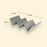 Support à tacos en inox de 23 cm avec trois emplacements, largeur 10 cm et hauteur 5 cm.