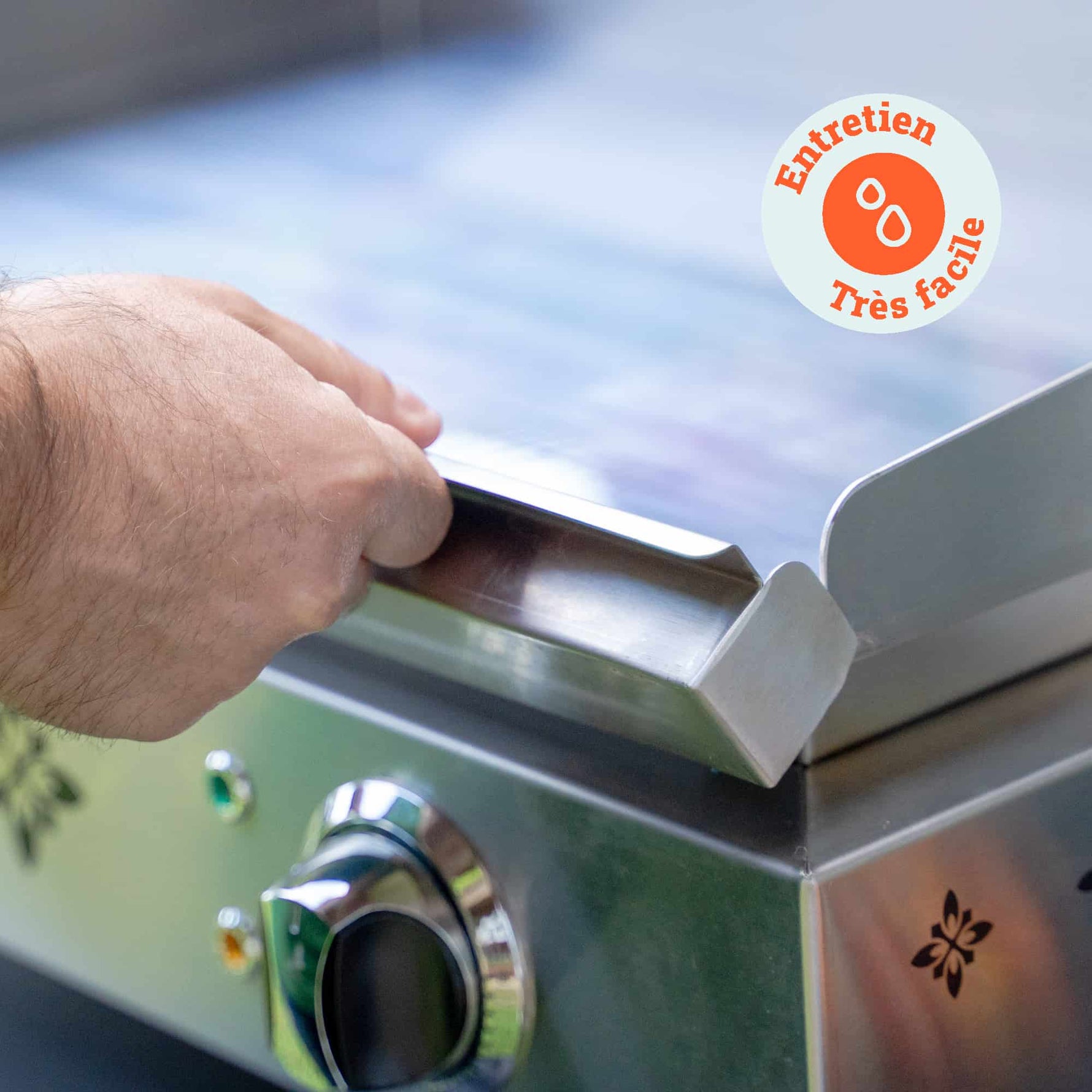 Hand verwijdert de plaat van de Vivaplancha plancha voor reiniging, met een badge “Zeer eenvoudig onderhoud” rechtsboven weergegeven.