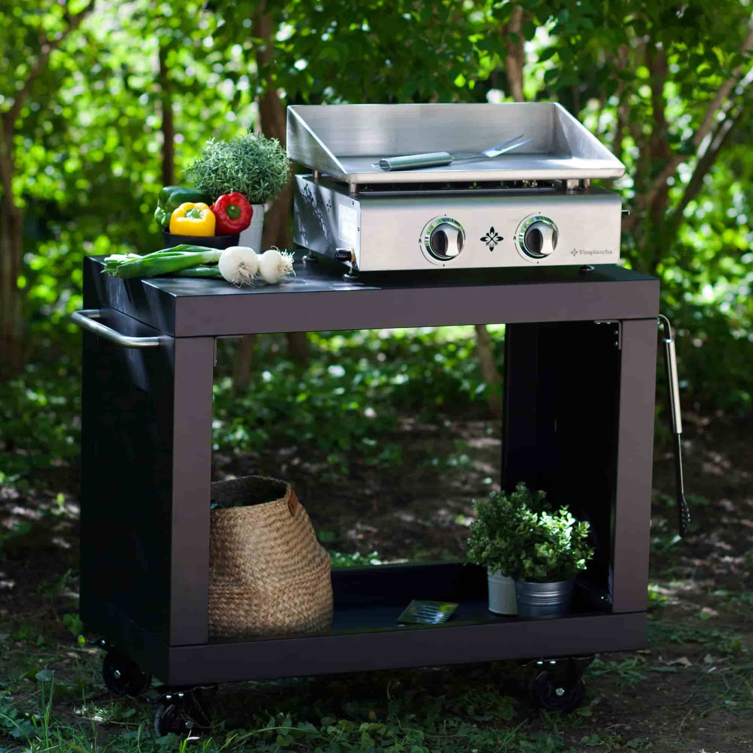 Plancha gaz 2 feux Vivaplancha avec plaque émaillée, posée sur une desserte noire en extérieur, entourée de légumes et d’accessoires de cuisson.