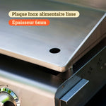 Gros plan sur une plancha Vivaplancha montrant la plaque inox alimentaire lisse de 6 mm d’épaisseur, avec évacuation intégrée à l’avant.