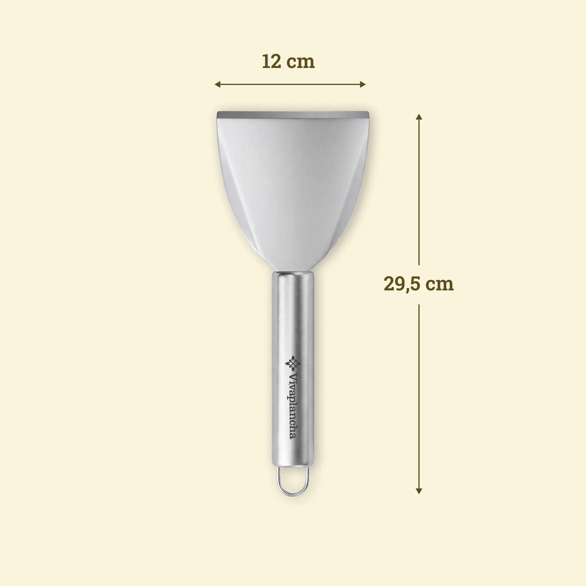 Spatule d'entretien en inox Vivaplancha avec dimensions de l'ustensile.